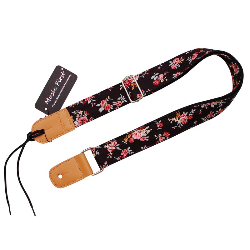 MUSIC FIRST Original Design â€œRosa Multiflora in Blackâ€ Soft Muslin & Genuine Leather Ukulele Strap Ukulele Shoulder Strap - Image 3